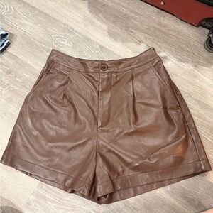 High Waist Brown Faux Leather Shorts
